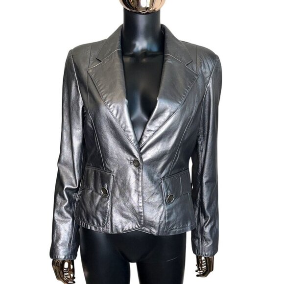 🖤 Bella Pelle Metallic Silver Leather Blazer Jacket | Size M | Made in USA - Picture 2 of 11